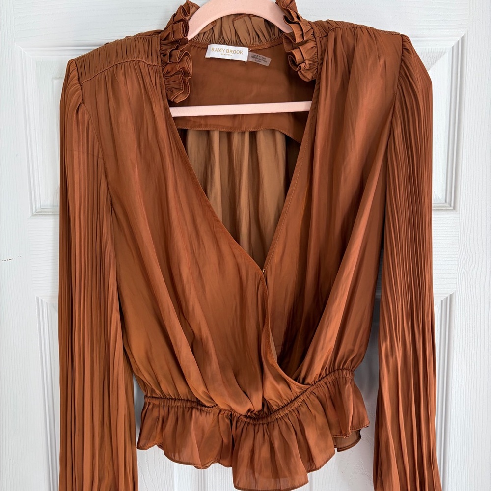 Ramy Brook Rust V-Neck Ruffle Blouse - XS